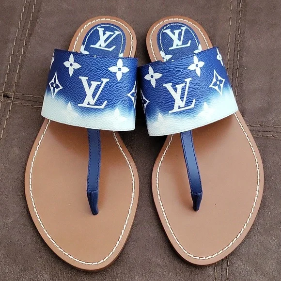 Louis Vuitton Blue Escale Monogram Slide Flats Flip Flop Size 38 Lock It Mules - Picture 1 of 5